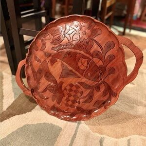 MCM Vintage Hand-Carved Wooden Tray – Floral Design, 21” Mid Century Deco